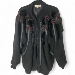 Ann Taylor Collection Women's Vintage Angora Embellished Cardigan Black 80s Sz M